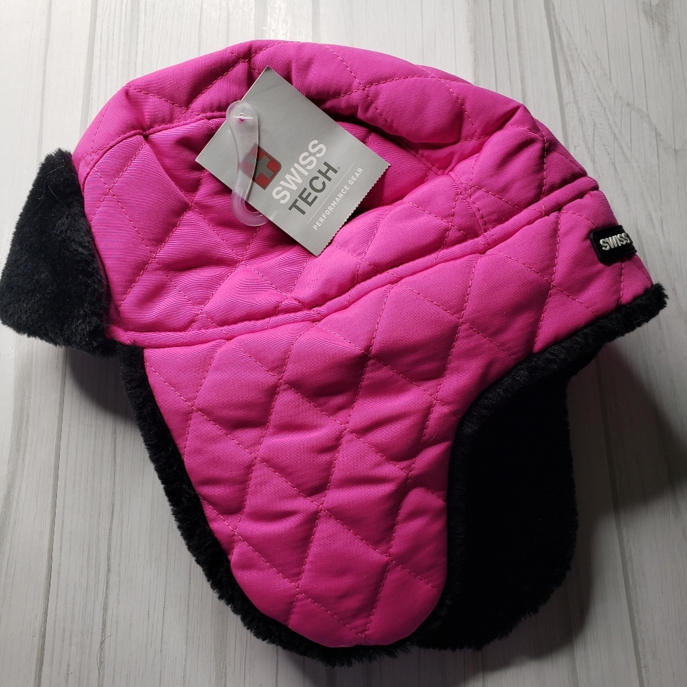 New Girls Swiss Tech Pink and Black Winter Trapper Hat Cold outdoor One size